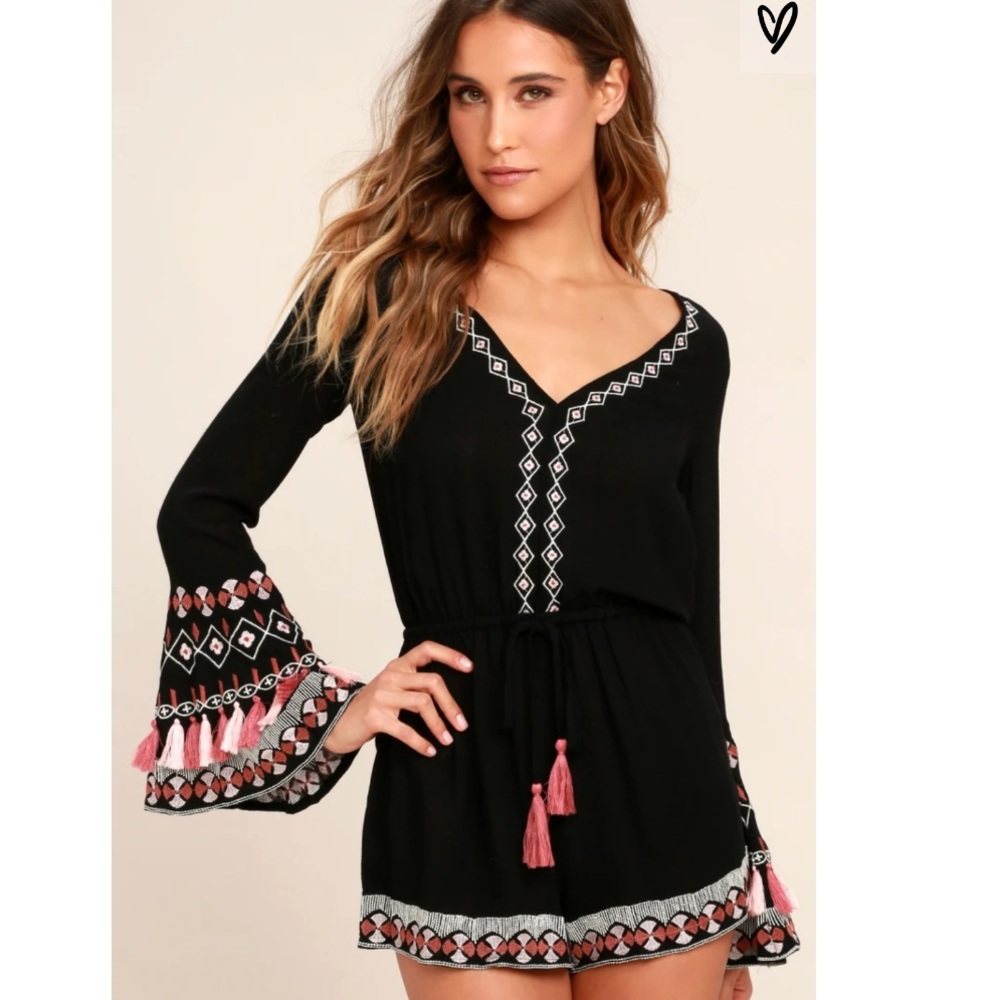 Lulus Hiatus Black Embroidered Long Sleeve Romper